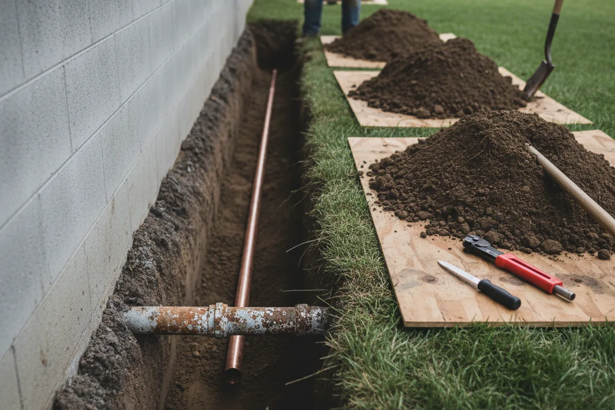 Excavated water line trench during Water Softener Installation in Lincoln Park